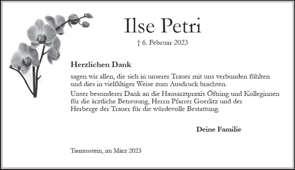  Traueranzeige für Ilse Petri vom 04.03.2023 aus Wiesbadener Kurier
