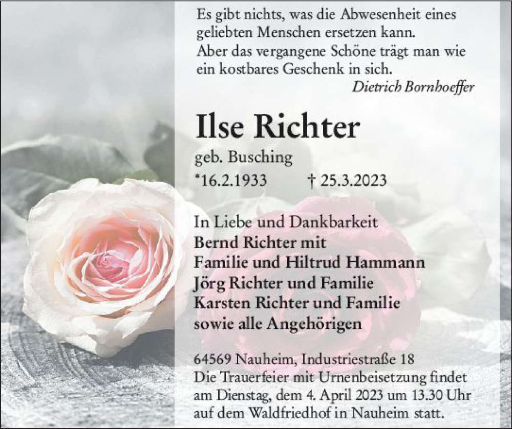  Traueranzeige für Ilse Richter vom 29.03.2023 aus Rüsselsheimer Echo