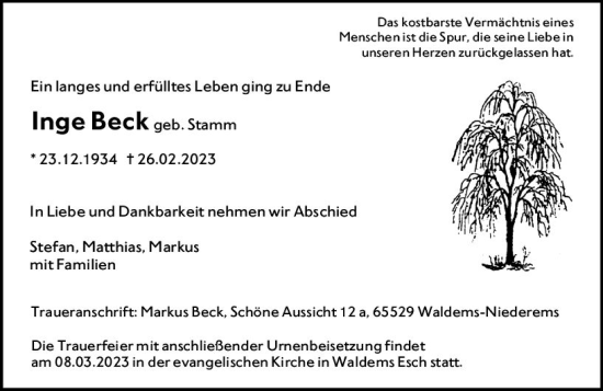 Traueranzeige von Inge Beck von Camberger Anzeiger
