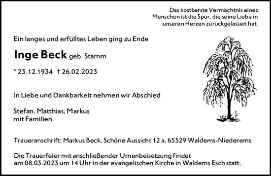Traueranzeige von Inge Beck von Idsteiner Land/Untertaunus