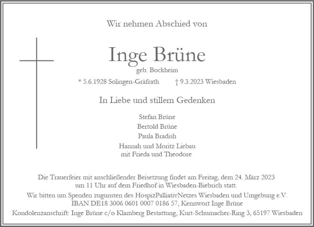  Traueranzeige für Inge Brüne vom 18.03.2023 aus Wiesbadener Kurier
