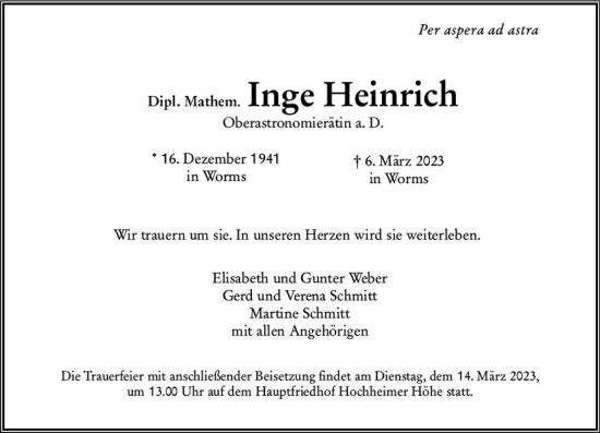 Traueranzeige von Inge Heinrich von Wormser Zeitung