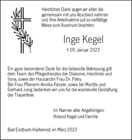 Traueranzeige von Inge Kegel von Hinterländer Anzeiger