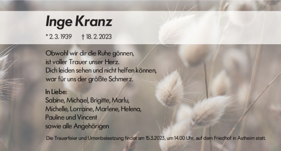 Traueranzeige von Inge Kranz von Rüsselsheimer Echo