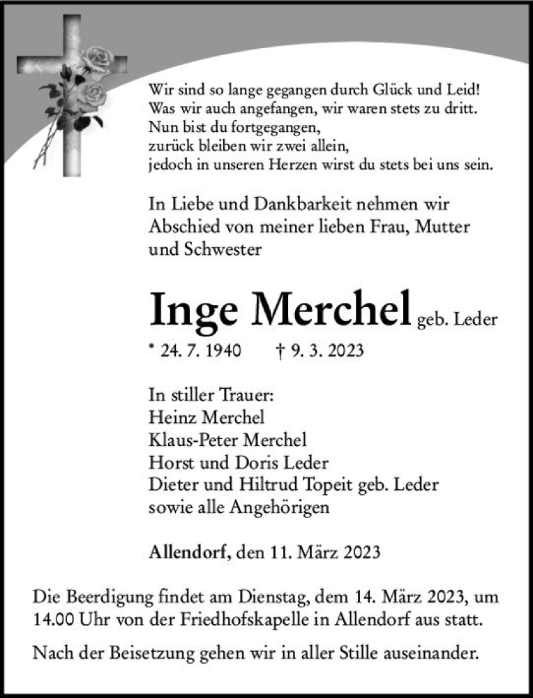  Traueranzeige für Inge Merchel vom 11.03.2023 aus Dill Block