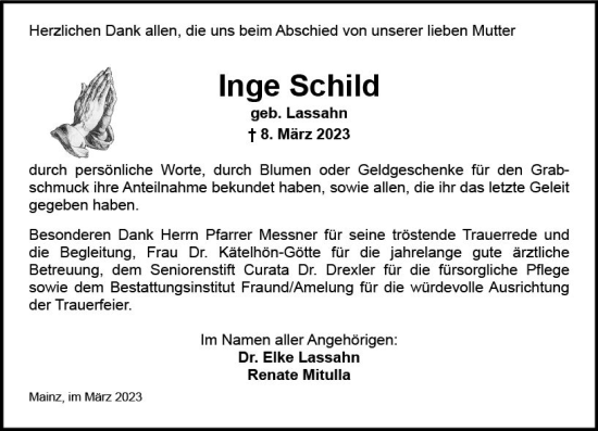 Traueranzeige von Inge Schild von Wiesbadener Kurier