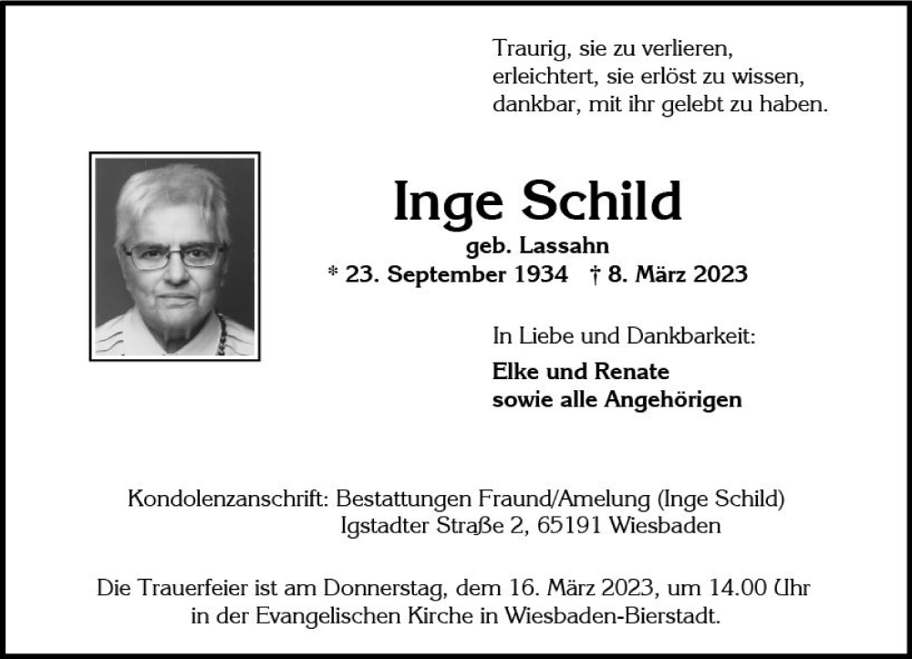  Traueranzeige für Inge Schild vom 11.03.2023 aus Wiesbadener Kurier