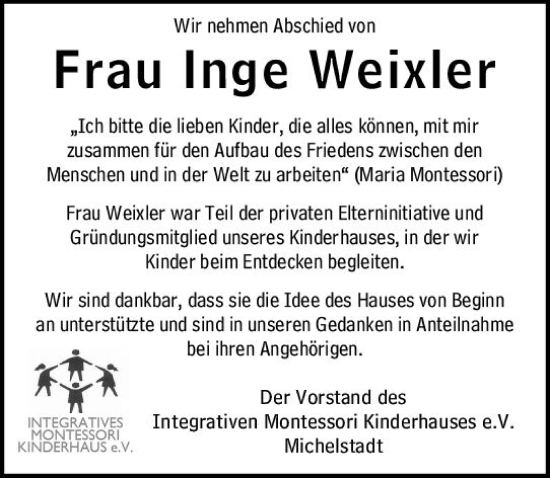 Traueranzeige von Inge Weixler von Odenwälder Echo