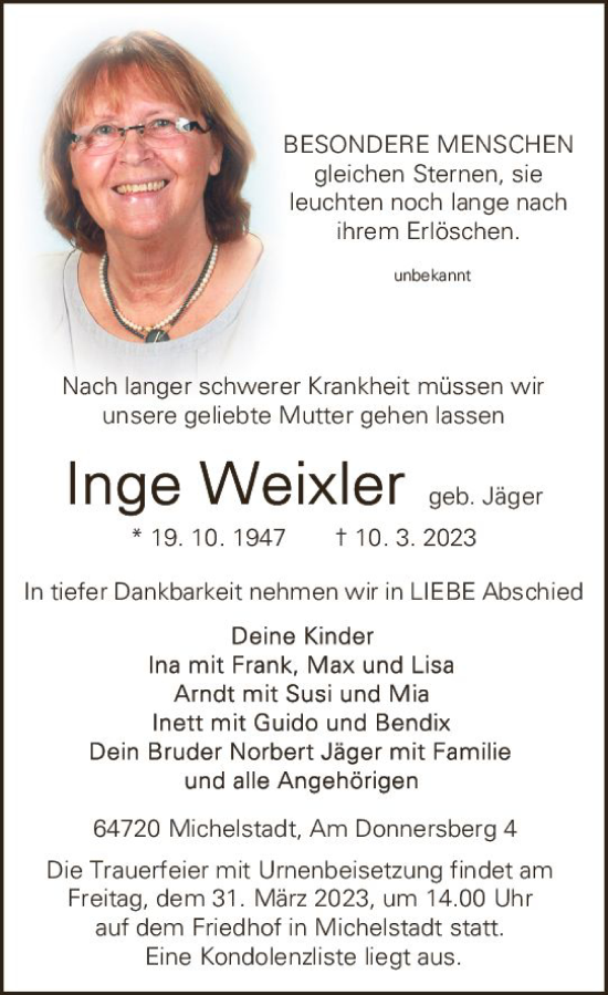 Traueranzeige von Inge Weixler von Odenwälder Echo