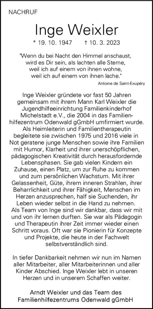  Traueranzeige für Inge Weixler vom 25.03.2023 aus Odenwälder Echo