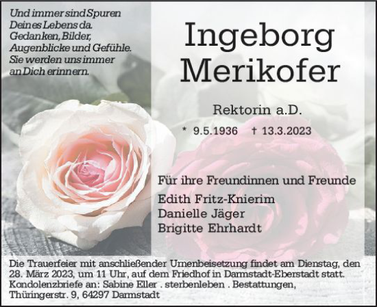 Traueranzeige von Ingeborg Merikofer von Darmstädter Echo