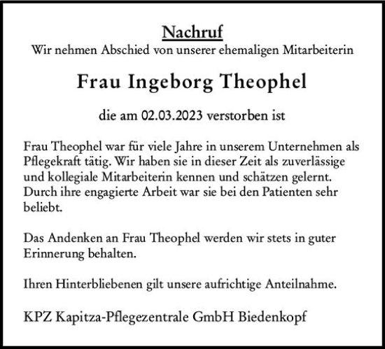 Traueranzeige von Ingeborg Theophel von Hinterländer Anzeiger