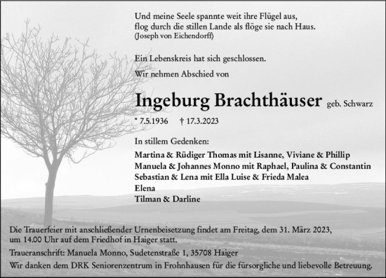 Traueranzeige von Ingeburg Brachthäuser von Dill Block