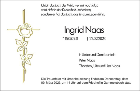 Traueranzeige von Ingrid Naas von Odenwälder Echo