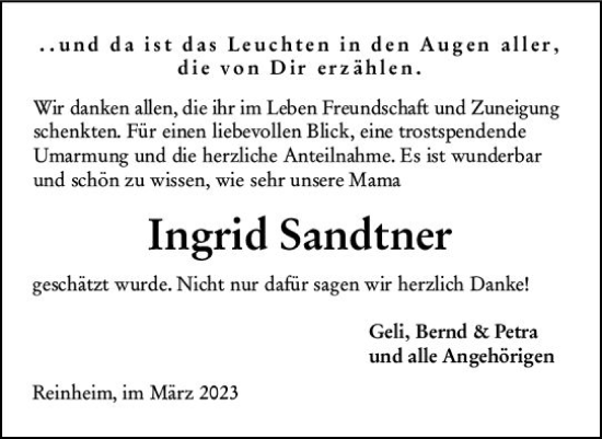 Traueranzeige von Ingrid Sandtner von Darmstädter Echo