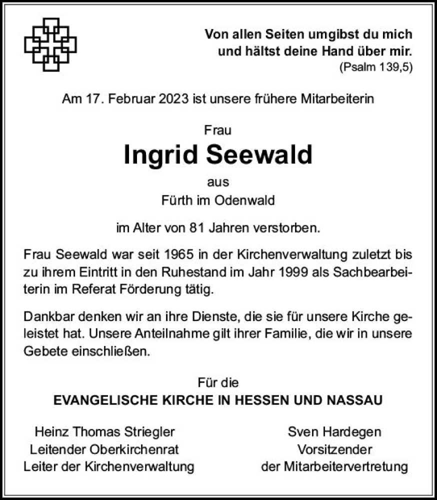  Traueranzeige für Ingrid Seewald vom 04.03.2023 aus Darmstädter Echo