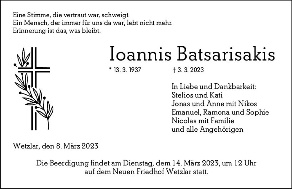  Traueranzeige für Ioannis Batsarisakis vom 08.03.2023 aus Wetzlarer Neue Zeitung
