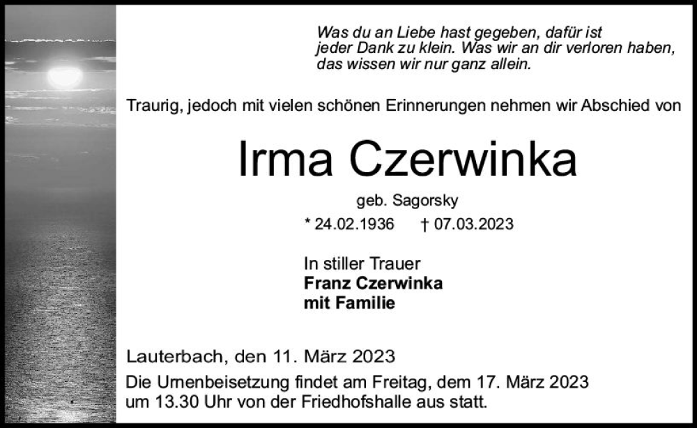  Traueranzeige für Irma Czerwinka vom 11.03.2023 aus VRM Trauer