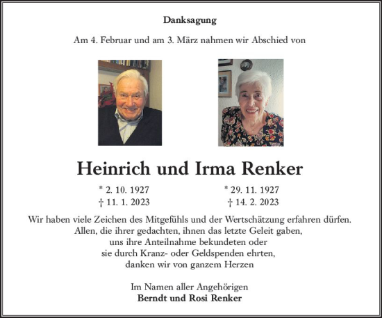 Traueranzeige von Irma Renker von Oberhessen Kurier