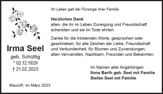 Traueranzeige von Irma Seel von Camberger Anzeiger