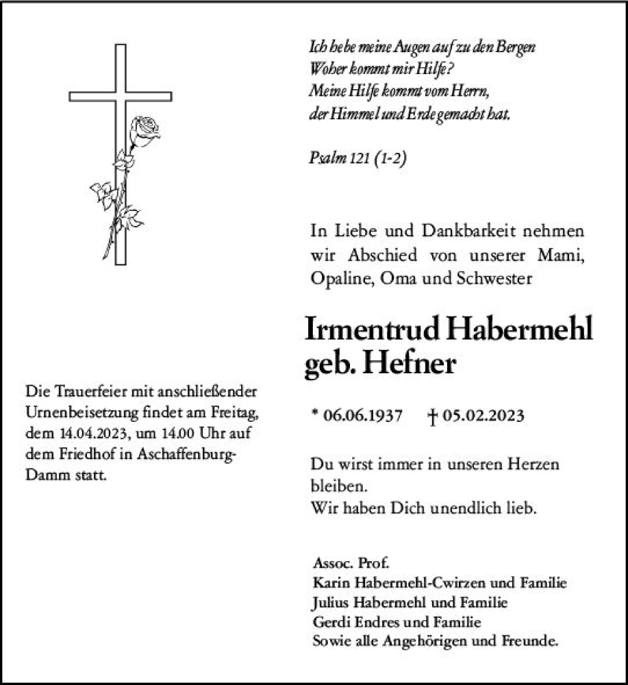  Traueranzeige für Irmentrud Habermehl vom 18.03.2023 aus Darmstädter Echo