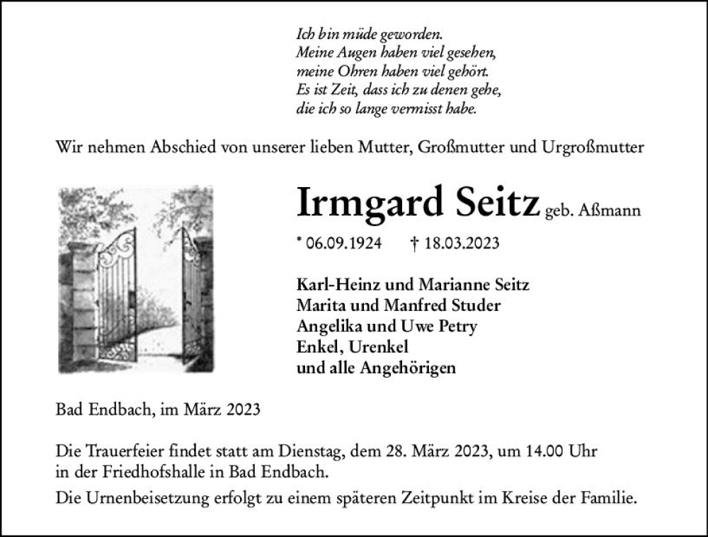  Traueranzeige für Irmgara Seitz vom 23.03.2023 aus Hinterländer Anzeiger