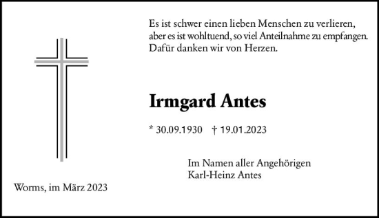 Traueranzeige von Irmgard Antes von Wormser Zeitung