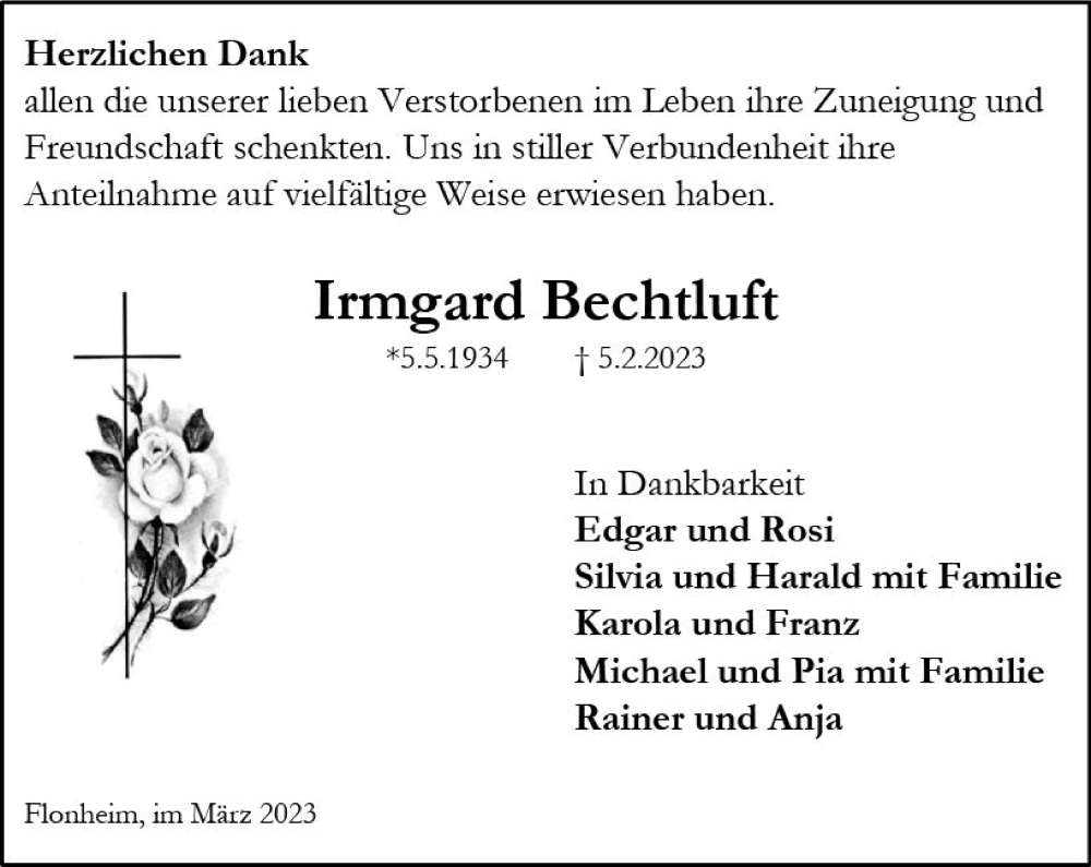  Traueranzeige für Irmgard Bechtluft vom 18.03.2023 aus Allgemeine Zeitung Alzey