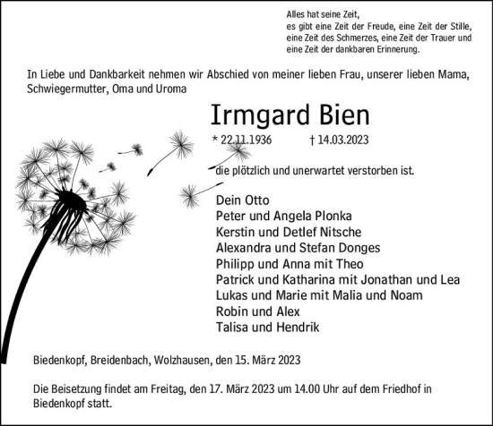 Traueranzeige von Irmgard Bien von Hinterländer Anzeiger