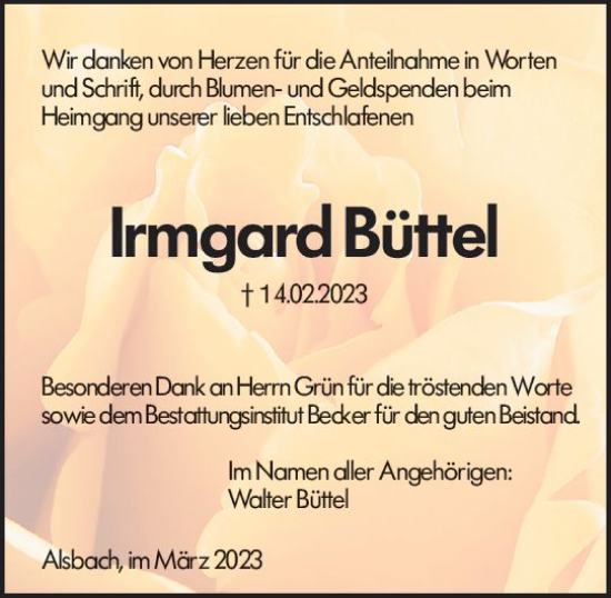 Traueranzeige von Irmgard Büttel von Darmstädter Echo