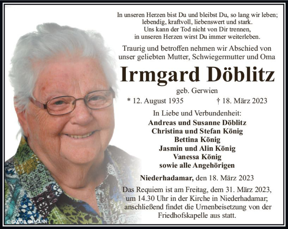  Traueranzeige für Irmgard Döblitz vom 25.03.2023 aus Nassauische Neue Presse