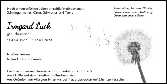 Traueranzeige von Irmgard Luck von Rüsselsheimer Echo