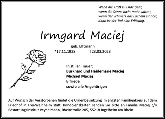 Traueranzeige von Irmgard Maciej von Allgemeine Zeitung Bingen/Ingelheim