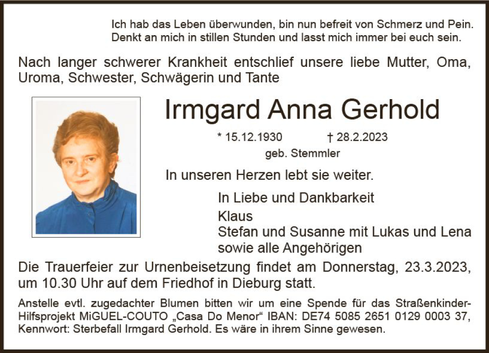  Traueranzeige für Irmgard Anna Gerhold vom 18.03.2023 aus Dieburger Anzeiger/Groß-Zimmerner Lokal-Anzeiger