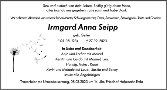 Traueranzeige von Irmgard Anna Seipp von Wetzlarer Neue Zeitung