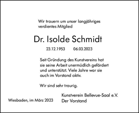 Traueranzeige von Isolde Schmidt von Wiesbadener Kurier