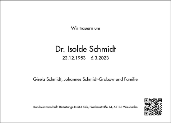 Traueranzeige von Isolde Schmidt von Wiesbadener Kurier