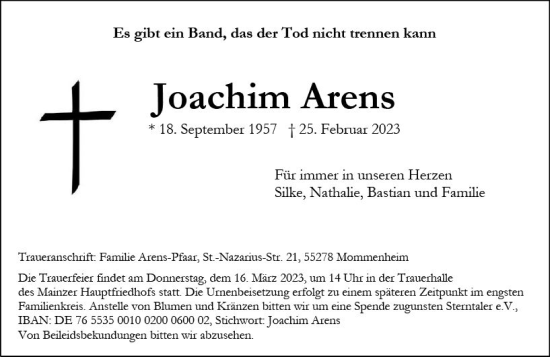 Traueranzeige von Joachim Arens von Allgemeine Zeitung Mainz