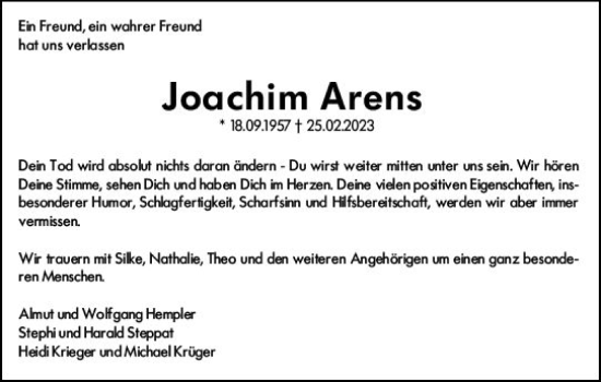 Traueranzeige von Joachim Arens von Allgemeine Zeitung Mainz