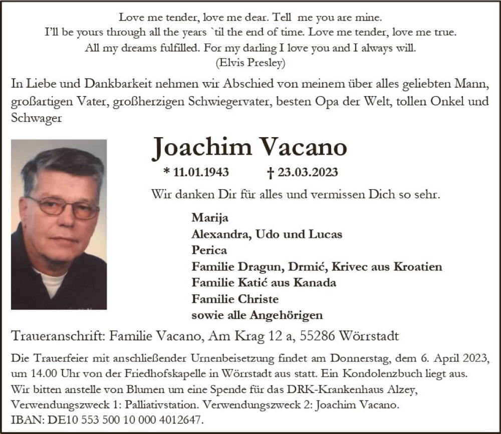  Traueranzeige für Joachim Vacano vom 01.04.2023 aus Allgemeine Zeitung Alzey