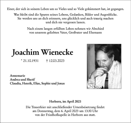 Traueranzeige von Joachim Wienecke von Dill Block