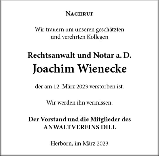 Traueranzeige von Joachim Wienecke von Dill Block