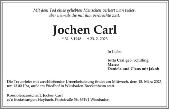 Traueranzeige von Jochen Carl von Wiesbadener Kurier
