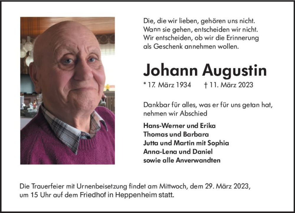  Traueranzeige für Johann Augustin vom 25.03.2023 aus Starkenburger Echo