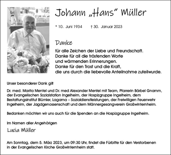 Traueranzeige von Johann Müller von Allgemeine Zeitung Bingen/Ingelheim