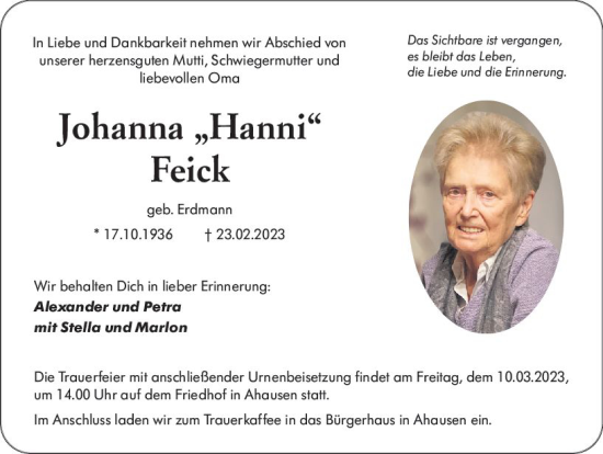 Traueranzeige von Johanna Feick von Weilburger Tageblatt