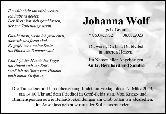 Traueranzeige von Johanna Wolf von VRM Trauer