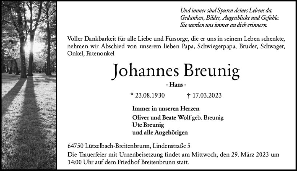  Traueranzeige für Johannes Breunig vom 25.03.2023 aus Odenwälder Echo