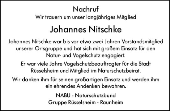 Traueranzeige von Johannes Nitschke von Rüsselsheimer Echo