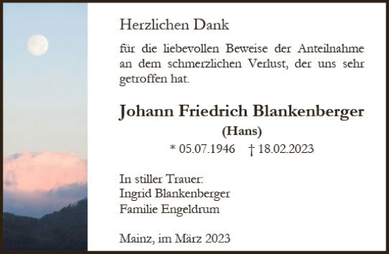 Traueranzeige von Johann Friedrich Blankenberger von Allgemeine Zeitung Mainz
